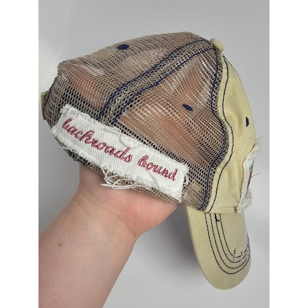 Backroads Bound Camper Trailer Distressed Trucker Hat Tan Navy Mesh Back Cap - Picture 5 of 9